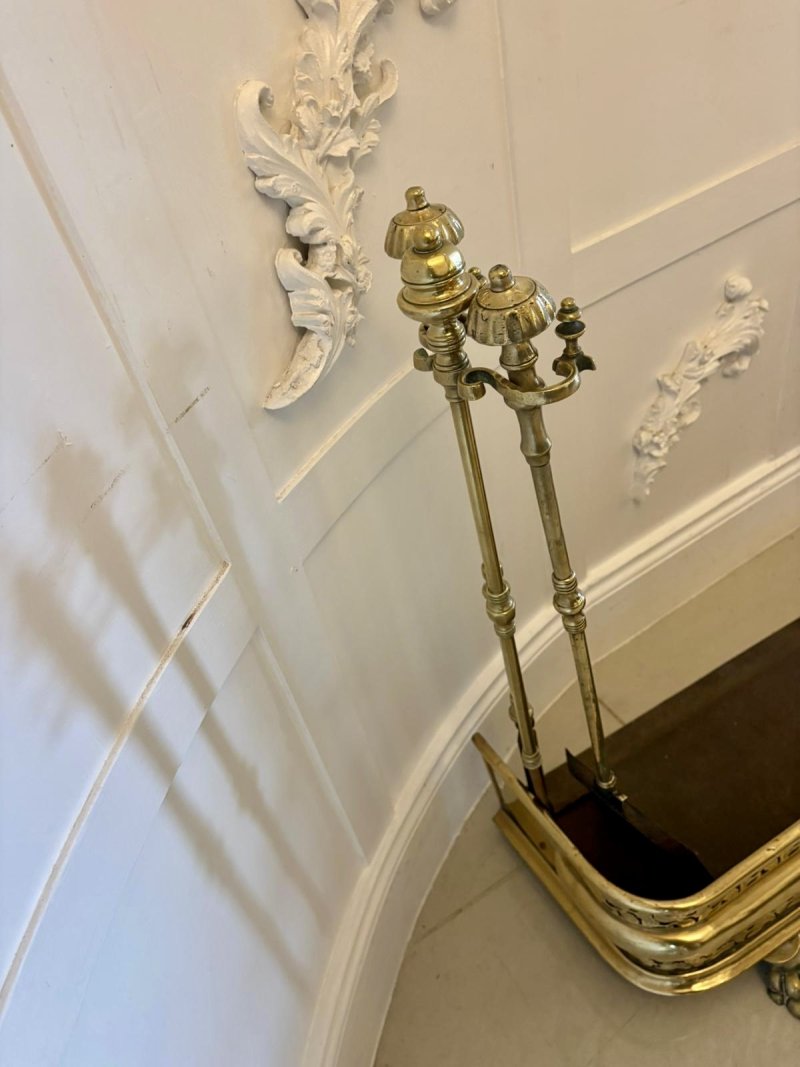 Unusual and Rare Quality Antique Regency Brass Fender with Original Fire Irons - Image 4